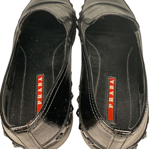 Prada Sport Black Saffiano Leather Spiked Studded Slip On Shoes EU 36.5 Loafer - Picture 7 of 11